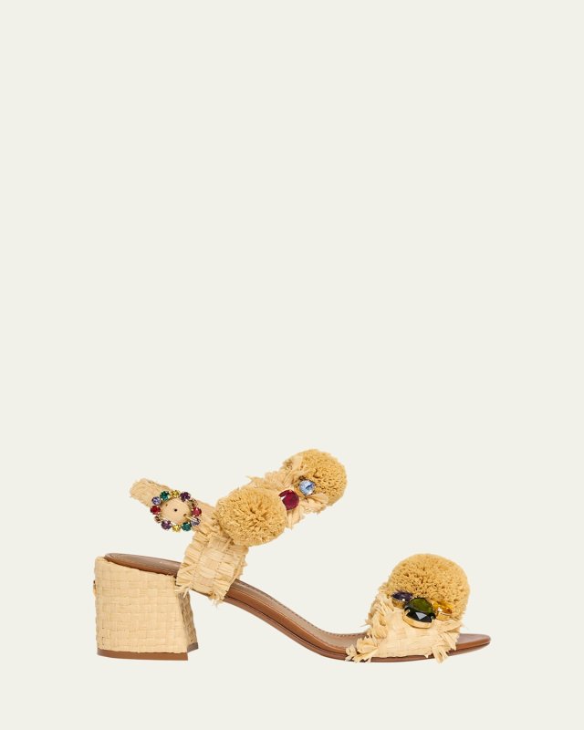 Raffia Pom Pom Gem Block-Heel Sandals